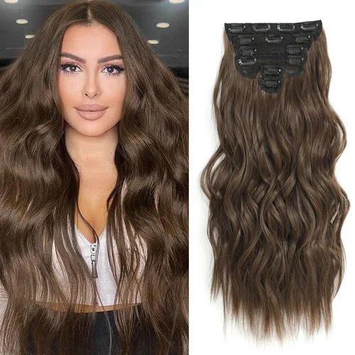 Fliace Extensiones de cabello con clip para mujer, extensiones de cabello ondulado largo de color marrón medio, extensiones de cabello sintético de