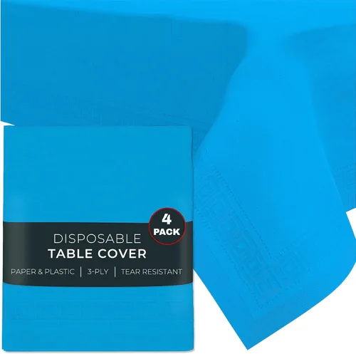 HOUZZKINGZ USA Manteles de papel azul, 54 x 108 pies, paquete de 4 manteles de papel y plástico de alta calidad de 3 capas para fiestas, desechables
