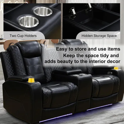 Miniatura 3 de Juego de 3 piezas para sala de estar, sofá reclinable eléctrico de cuero con puertos USB, iluminación LED y portavasos, asientos de cine en casa