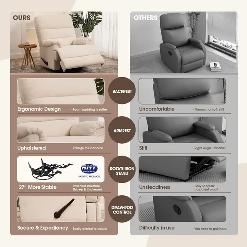 Miniatura 9 de Mecedora Divanus, grande, estilo balancín, reclinable, beige, giratoria, silla reclinable con respaldo alto, para cuarto de bebé o sala de estar