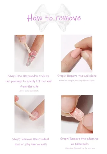 Miniatura 5 de Uñas postizas a presión de ballet negras, uñas postizas largas cuadradas con punta francesa, uñas postizas con lazo rosa con diseños de perlas