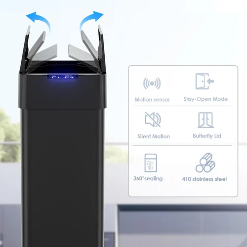 Miniatura 4 de TLSUNNY Basurero automático de 13.2 galones, de acero inoxidable, con sensor de movimiento, cubo de basura inteligente con tapa de mariposa, anillo