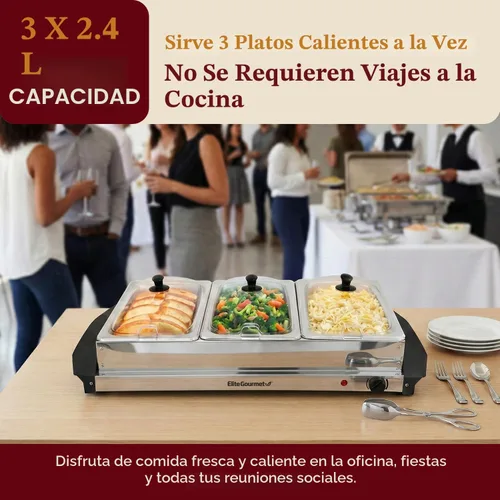 Miniatura 2 de Elite Gourmet EWM-6171 - Servidor de buffet con control de temperatura, calentador de alimentos, 3 bandejas triples de 2.5 cuartos de galón, tapas
