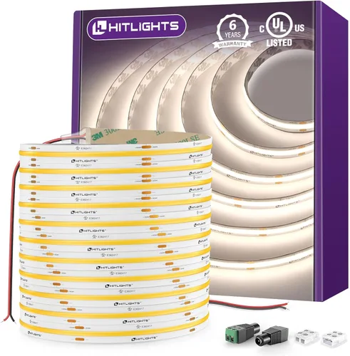 Miniatura 8 de HitLights - Tira de luces LED COB de color blanco cálido de 3000 K, cinta de luz de alta densidad de 32.8 pies de 24 V, 5120 LED, 350+ lm/pies, CRI