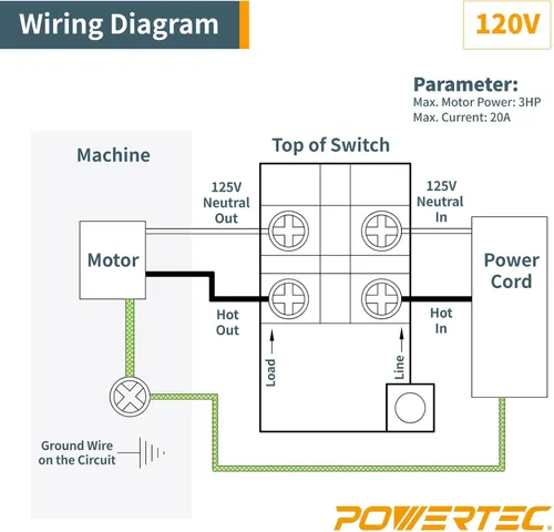 Miniatura 7 de Powertec 120V/230V Interruptor de paleta de voltaje dual con tornillos, 28 amperios, palanca de rodilla para herramientas eléctricas