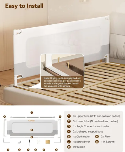 Miniatura 9 de Barandilla protectora para cama de bebé para niños pequeños, rieles reforzados de 39 pulgadas para cama individual con altura ajustable, barandilla