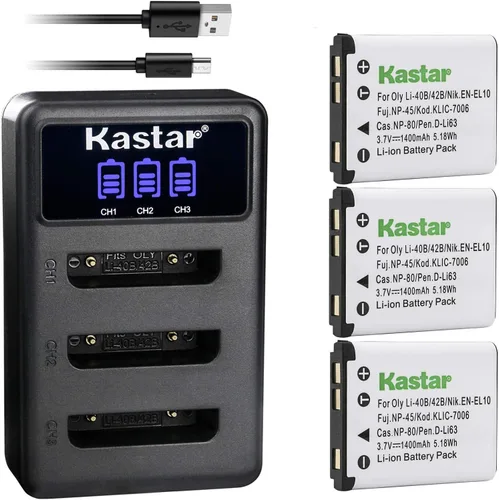Kastar Paquete de 3 baterías + cargador triple LCD de repuesto para Olympus LI-42B LI-40B, Fujifilm NP-45 NP-45A NP-45B NP-45S, Nikon EN-EL10, Kodak