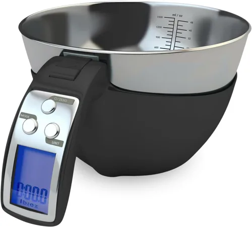 Fradel Báscula digital de cocina con cuenco, 11 libras, gramos y onzas, tazón de mezcla extraíble, apto para lavavajillas, color negro