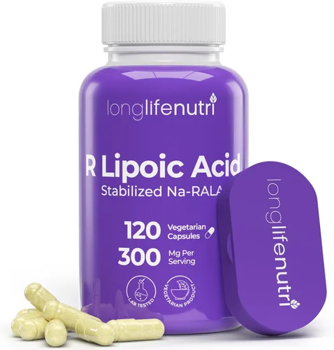 LongLifeNutri Ácido R-alfa lipoico estabilizado de 300 mg – Suplemento Na-RALA de alta potencia para energía celular y función metabólica, 120