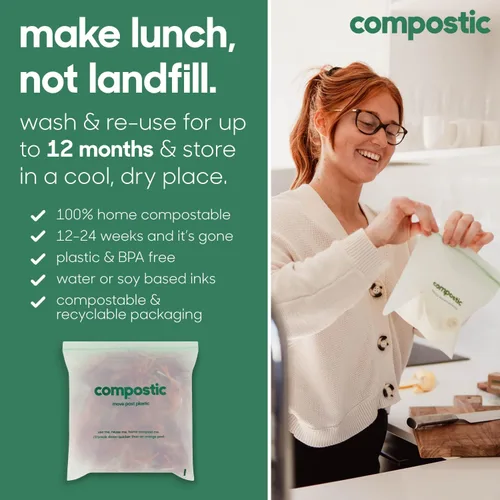 Miniatura 5 de Compostic Bolsas compostables de galón (60 unidades) Paquete de iniciación – Sellado con cremallera resellable, a base de plantas, compostables