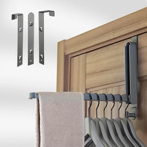 Miniatura 10 de Escurridor de ropa plegable con 3 soportes para montaje sobre la puerta y la pared, estante de metal para secadora de ropa con barra retráctil