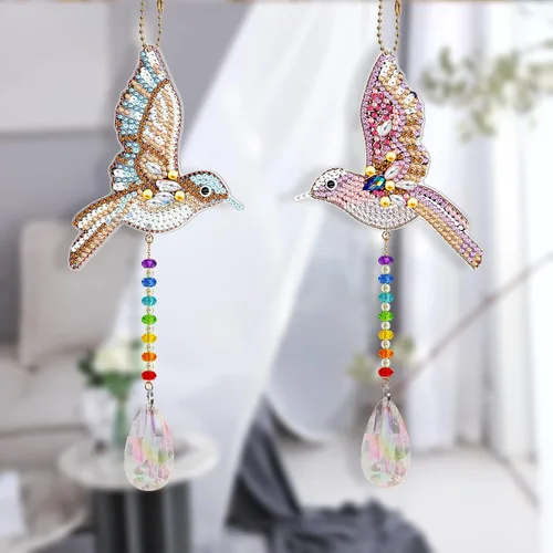 Miniatura 5 de YALKIN 4 piezas de pintura de diamante carillón de viento, corazón de pájaro de doble cara, gema de cristal por número, pintura de diamante, adorno