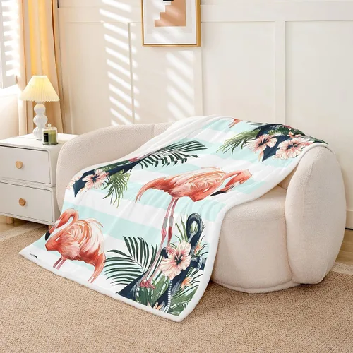 Miniatura 3 de Manfei Manta náutica de ancla con diseño de flamenco, hibisco, hojas de palma, para sofá, manta de cama de rayas azules abstractas para niñas, manta