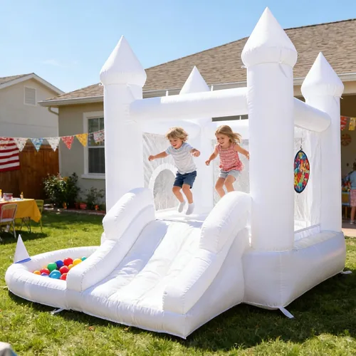 Miniatura 7 de Casa inflable blanca con soplador, piscina de bolas, castillo animoso para patio trasero, adecuado para patio, eventos, fiestas, bodas, regalos