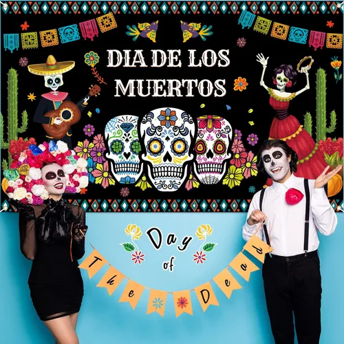 Miniatura 3 de Decoraciones del Día de los Muertos, telón de fondo de pancarta del día de los muertos, fondo de fotografía de flores de calavera de azúcar