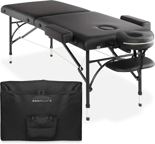 Saloniture Mesa de masaje profesional portátil y ligera con patas de aluminio, incluye reposacabezas, soporte facial, reposabrazos y funda de