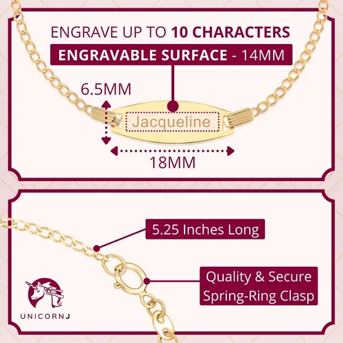 Miniatura 28 de UNICORNJ Pulsera de identificación de oro de 14 quilates grabable para niñas, niños y bebés, pulseras personalizadas con nombre de cadena Figaro