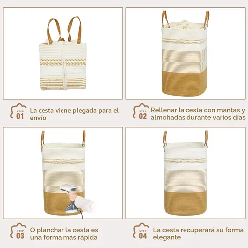Miniatura 7 de danpinera Cesta Grande de Lavandería – Cesta de Almacenamiento Tejida de Algodón Alto de 75L con Asas de Cuero, Cesta de Ropa Sucia Esbelta, Cesta