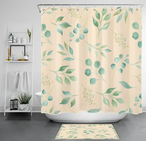 Miniatura 11 de EOBTAIN Cortina de ducha de hojas de eucalipto verde para baño, cortina de ducha con hojas de plantas naturales en beige con 10 ganchos, juego