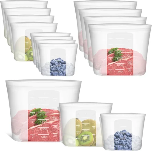 Miniatura 24 de Bolsas de Alimentos Reutilizables, Paquete de 12 Bolsas de Almacenamiento de Alimentos 100% Silicona que se Mantienen de Pie con Cierre Hermético