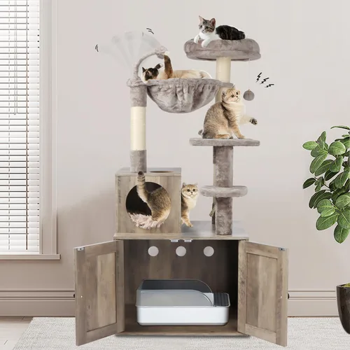 Miniatura 8 de Timberer Árbol para gatos con recinto para caja de arena, torre para gatos 2 en 1 para gatos de interior, condominio grande de madera para gatos