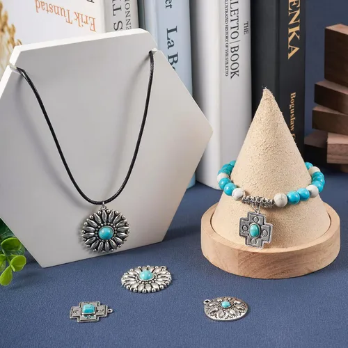 Miniatura 4 de 30 dijes de turquesa de 15 estilos occidentales, estilo tibetano, vintage, grandes, colgantes, retro, flores, cruz, piedra bohemia, para vaquera
