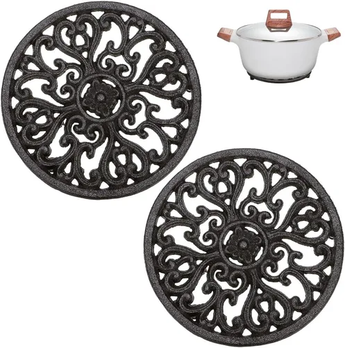 Miniatura 10 de Sumnacon 2 salvamanteles redondos de hierro fundido – Salvamanteles de hierro resistentes al calor de 8 pulgadas para platos calientes, tetera, Negro