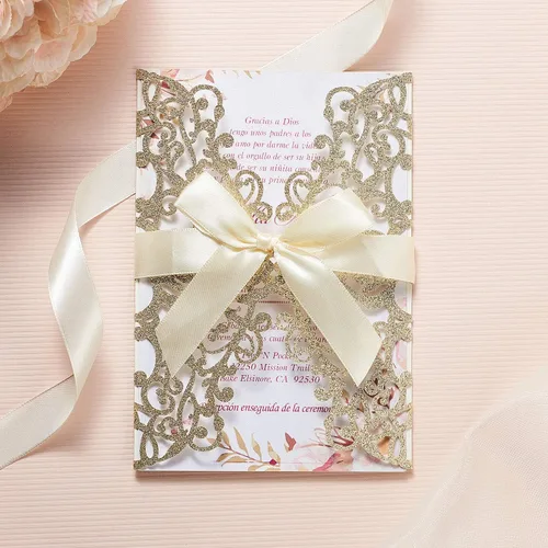 Miniatura 2 de AdasBridal 50 tarjetas de invitación de boda cortadas con láser con estampado floral, con sobre, hoja interior en blanco y cinta para boda, Dorado