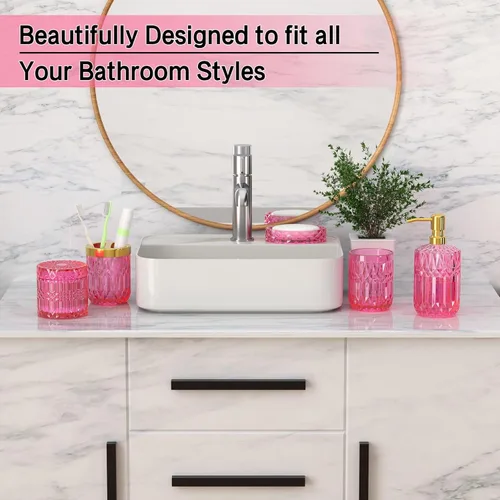Miniatura 3 de Juego de accesorios de baño rosa intenso de vidrio 5 piezas, juego de baño rosa intenso, juego de dispensador de jabón y soporte para cepillo