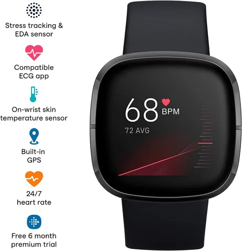 Miniatura 2 de Fitbit Sense Health & Fitness - Reloj inteligente con GPS, llamadas y mensajes de texto Bluetooth, frecuencia cardíaca SpO2, ECG, temperatura