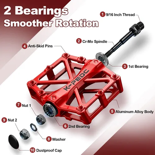 Miniatura 4 de Pedales de plataforma de bicicleta de aluminio CNC Pedales ligeros de ciclismo de carretera para bicicleta MTB BMX Rojo