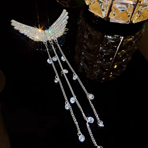 Miniatura 8 de Lurrose Pinza para el cabello con borlas con tachuelas de diamantes de imitación, alfiler de ala de ángel plateado, 5.70 pulgadas, accesorio