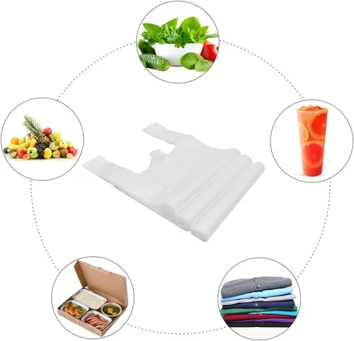 Miniatura 5 de Bolsas para camisetas de plástico con asas para mercancía y supermercado, bolsas de plástico para negocio, 12 x 20 pulgadas (blanco, 100 unidades)