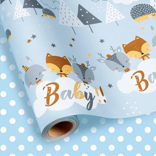 Homeral Rollo de papel para envolver regalos azul para baby shower - Rollo mini - 17 pulgadas x 16.5 pies - Juego reversible de papel de regalo con