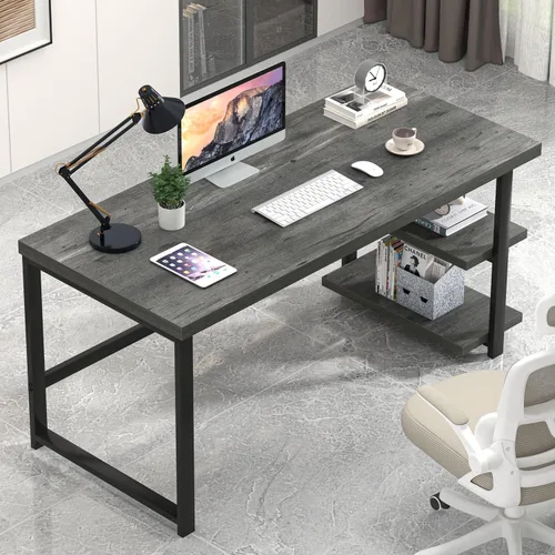 Miniatura 3 de EXCEFUR Escritorio industrial para computadora, escritorio de oficina en casa con estantes de almacenamiento, mesa de estudio de madera para Gris