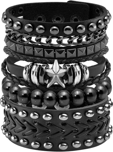 Miniatura 7 de Eigso Juego de pulsera punk de cuero negro para hombres y mujeres clásicas Vintgae tachonadas con picos de los años 80 para hombre y mujer