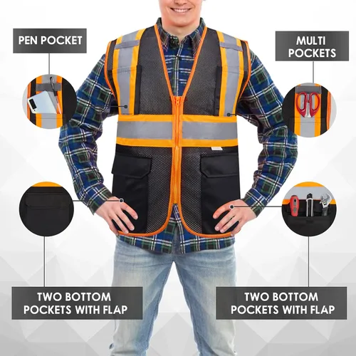 Miniatura 3 de Chaleco de seguridad reflectante de alta visibilidad con cremallera y bolsillos, color negro, talla XXL