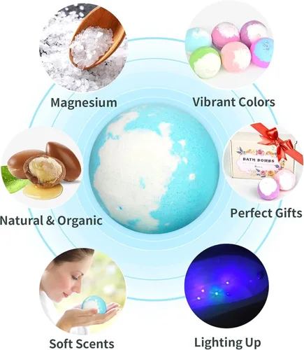 Miniatura 2 de Bombas de baño iluminadas con sorpresa en el interior, juego de regalo natural XL de 4.23 onzas, 6 con aceites esenciales, bombas de baño grandes