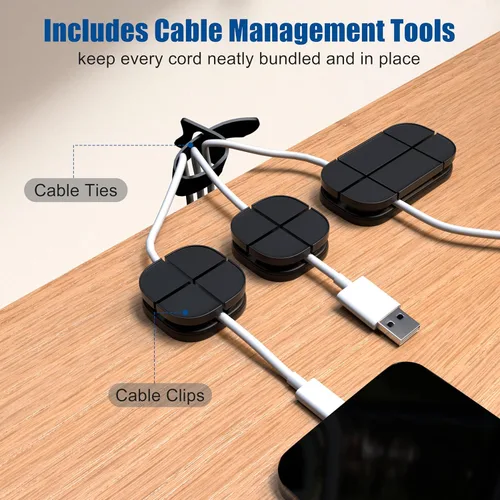 Miniatura 5 de Paquete de 2 bandejas de gestión de cables debajo del escritorio, organizador de cables de metal, soporte de tira de alimentación con bridas y clips