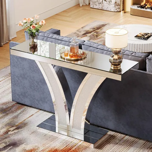 Miniatura 4 de Tribesigns Mesa de consola con espejo, moderna mesa de sofá de entrada plateada con marcos de incrustaciones de cristal para sala de estar, pasillo