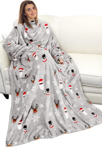 Miniatura 13 de Catalonia Manta con estampado navideño con mangas y bolsillo, acogedora manta de forro polar suave de visón, manta de microfelpa para mujeres y Elfo