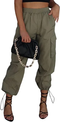 Miniatura 11 de Pantalones de paracaídas para mujer, cintura alta elástica, pantalones cargo Y2K holgados con 4 bolsillos