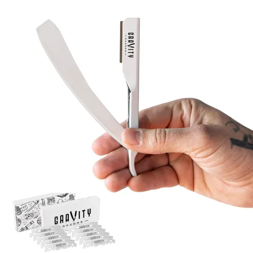 Kit de navaja de afeitar recta profesional GRAVITY RAZORS – Ultra Exposición, incluye 10 cuchillas premium, 2 mm expuestas, blanco