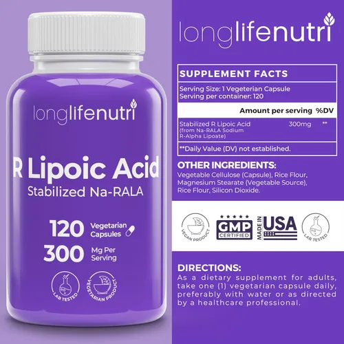 Miniatura 2 de LongLifeNutri Ácido R-alfa lipoico estabilizado de 300 mg – Suplemento Na-RALA de alta potencia para energía celular y función metabólica, 120