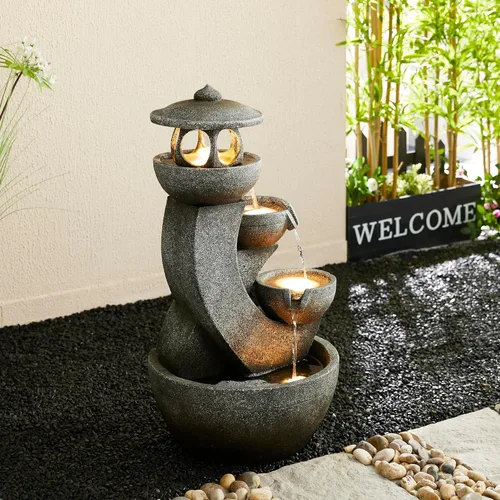 Miniatura 19 de Glitzhome Fuente de agua para exteriores con luz LED y bomba, moderna fuente de poliresina de 5 niveles y esfera para exteriores, fuente de cascada