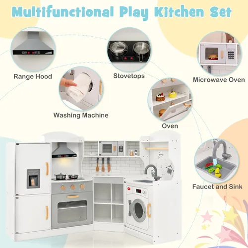 Miniatura 2 de KOTEK Cocina de juego de esquina, cocina de juguete de madera para niños con sonido y luz, campana extractora, máquina de hielo, lavadora, Blanco