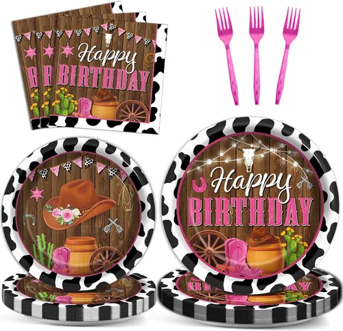 96 piezas de decoraciones de vaquera, suministros de fiesta, platos de papel con estampado de vaca, platos y servilletas desechables occidentales