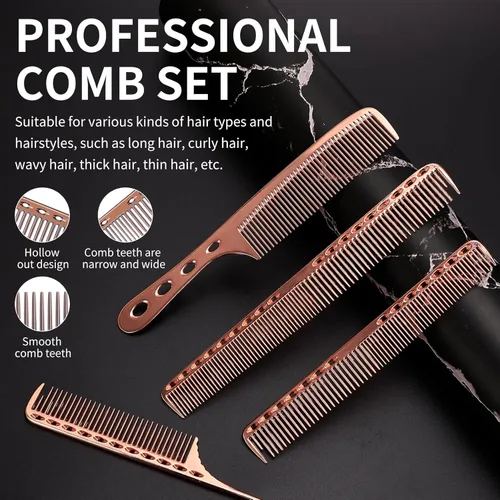 Miniatura 3 de Juego de peines de aluminio profesional para peluquería para vestirse, cortar el cabello y peinar: peines largos y cortos, mango y peine de cola Oro