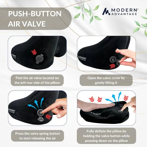 Miniatura 7 de Modern Advantage Almohada inflable de viaje para aviones con capucha cómoda, soporte ajustable para el cuello, almohada ligera y compacta para Negro
