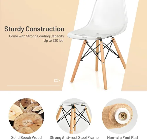 Miniatura 6 de Giantex Juego de 4 sillas de comedor, sillas de comedor de acrílico transparente con patas de madera de haya, carga máxima de 330 libras, sillas